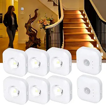 6 Pack Motion Sensor Stair Lights with 2 Separate Sensors-50FT Wall-Penetrating Remote & All Lights On Together,3CCT&Dimmable Step Lights,Wireless Stick On Lights for Hallway,Basement,Bathroom
