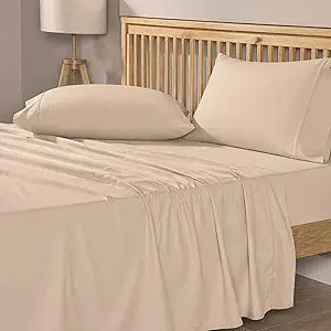 100% Natural Cotton Sheets Queen Size Bed Set | 500 TC Single-Ply Sateen Weave | Breathable & Hypoallergenic Solid 4-Piece Bedding with Deep Pocket Fitted, Flat, Pillowcase | Cream Beige