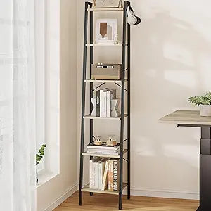 Hzuaneri Ladder Shelf, Bookshelf Bookcase, Freestanding Corner Storage Shelve with 2 Hooks for Home Office, Living Room, Kitchen, Bedroom, Industrial, 11.8" D x 13.4" W x 72.8" H, Greige BC13305B