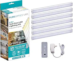 PureOptics LED Under Cabinet Lighting Kit, Motion Sensor, Dimmable, Linkable, 3 Color Settings, Tool-Free, for Kitchen, Pantry, Cabinets, Closets, Office (6) 9" Bars