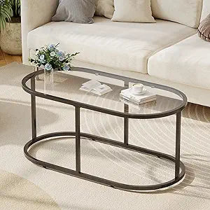 Wolawu Coffee Table Black Glass Coffee Tables for Living Room, Oval Table Center Table with Sturdy Metal Frame,Modern Tempered Glass Accent Tables for Bedroom Home Office
