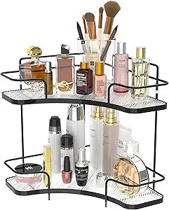 FOLLOWIN 2 Tier Countertop Corner Organizer, Corner Shelf for Vanity Countertop, Bathroom, Kitchen & Coffee Bar, Open Metal Frame with Clear Trays, Tool-Free Assembly, Space-Saving Storage, Black