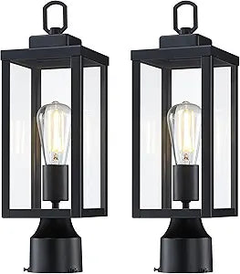 GRUENLICH Outdoor Post Lighting Fixture Pole Lantern, E26 Medium Base Max 60W, Metal Housing Plus Glass, Matte Black Finish, Bulb Not Included, 2 Pack
