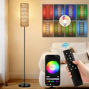 FRIDEKO HOME Boho Floor Lamp for Living Room with Smart RGB Bulb, Black Standing Lamp with Remote, Color Changing Tall Lamps with Music Sync for Bedroom (1-Black)