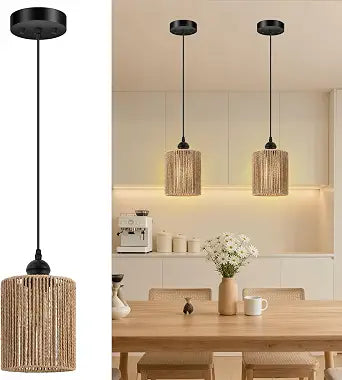 BoostArea 2 Pack Rattan Pendant Lights Kitchen Island, Farmhouse Chandelier with Handwoven Wicker Shade, Adjustable Height Boho Hanging Light for Kitchen Island/Dining Room/Bedroom/Hallway, No Bulb