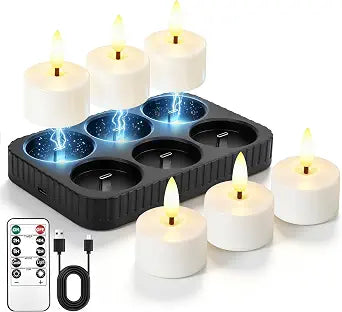 Rechargeable Tea Lights Candles with Remote Timer&Charging Base 6 Pack