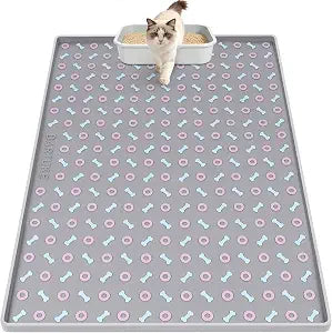 Cat Litter Mat, Extra Large 40" x 28" Silicone Mat Litter Trapping Mat for Scatter Control, Soft on Kitty Paws, Easy to Clean (Light Grey with Bone Pattern)
