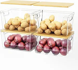 4 Set Pantry Organizer and Stackable Storage Kitchen,Sturdy and Durable Storage Basket for Potato, Onion, Garlic, Fruit, Vegetable, Produce, Clear Plastic Storage with Lid&Handle