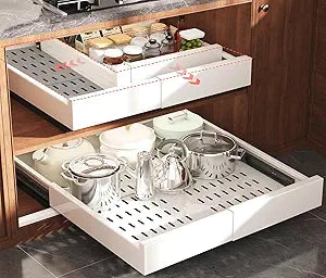 Seinloes Pull Out Cabinet Organizer,4-Side Expandable to Maximize Cabinet Space,Slide Out Drawers with 3 Rail Design,Roll Out Shelf with Raising Pad for Framed Cabinet,13"-21"W x 17"-24"D,White,2 Pack