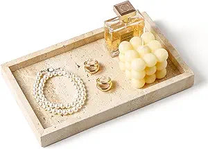 Italy Travertine Stone Vanity Tray for Jewelry, Perfume, Makeup, Candle,Natural Marble Decorative Trays for Bathroom Dresser Rectangle Kitchen Storage Organizer for Home Decor Beige (WH020)