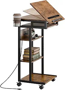 ZIFTY Couch Table with Charging Station and Storage Shelves 360Swivel End Table with Shelves and Wheels C Shaped End Table for Laptops Tv Tray Side Table for Living Room Bedroom Rustic