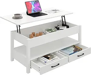 Panana Coffee Table, Lift Top Coffee Table with Hidden Compartment, 2 Drawers and 1 Open Shelf, Retro Central Wooden Table Lift Tabletop for Living Room (White)