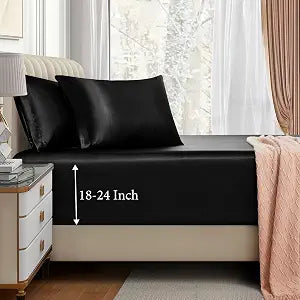VACVELT 3pcs Queen Black Extra Deep Pocket Satin Fitted Sheet Set