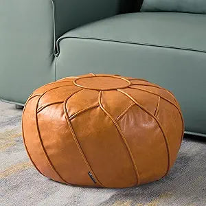 Louis Donn Unstuffed Moroccan Ottoman Pouf Cover, Handmade Faux Leather Pouf Cover with Storage, Boho Chic HomeDecor BeanBag Chair Footstool Rest for Living Seating Floor Cushion ONLYCover(Orange)