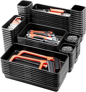Funnymoom 100 Pack Tool Box Organizer and Storage Tool Drawer Organizer Tray Divider 5 Sizes Garage Organization and Storage Black Plastic Tray Bins for Home Office Supplies