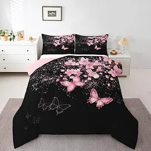 Castle Fairy Cherry Blossoms King Size Comforter Set,Kids Pink Butterfly Decor All Season Bedding Set,Teens Romantic Style Comforter,Petal Decor Quilt Set Bedroom Collection 3Pcs