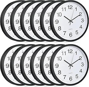 Inbagi 12 Pieces Silent Wall Clock Large 12 Inches Quartz Analog Clock Non Ticking Round Easy to Read Battery Operated for Classroom Office School Kitchen Bedroom Living Room Decorative