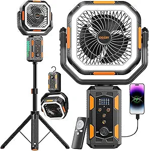 OGERY Portable Camping Fan with Adjustable Height Stand, 30000mAh Battery Powered Fan with Remote, LED Light, Auto Oscillation for Tent, RV, Bedroom, Travel Γ Floor & Desk Fan
