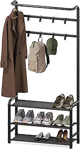 Simple Houseware Coat Rack with Storage Shelf, Freestanding Hall Tree with Hooks for Entryway, Bedroom, Office, Black Metal Clothes Hanger Stand for Coats, Hats, Jackets, Bags - Black