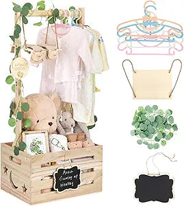 Wooden Baby Shower Crate Closet with Adjustable Handle & Garland, Large Personalized Baby Shower Basket Clothes Hangers Rack Storage Box, Pregnancy Gifts for New Parents Newborn Boy Girl