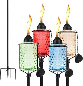 4 Pack Colorful Glass Garden Torch with Adjustable Height Stand, Citronella Torches for Outside with 5-Prong Stake, Refillable Flame Light Torches for Yard, Garden, Party, Pathway, Landscape
