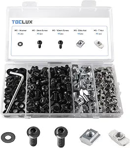 200 pcs 20 Series Aluminum Extrusion Black M5 T-Nut and Screw Kit  Sliding & Drop-in T-Nuts, M5x8mm & M5x10mm Screws, Washers  for 6mm T-Slot Accessories Extruded Aluminum Hardware