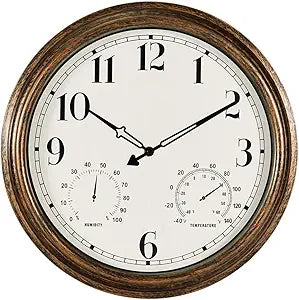 Rsobl 16 Inch Large Indoor Outdoor Wall Clock,Waterproof Non-Ticking Clock with Thermometer and Hygrometer Combo,Battery Operated Clock Wall Decorative-Bronze
