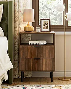 Night Stand,25.6" H Bedside Table with 2Drawers and Open Shelf,Farmhouse Nightstand,Side Table with Gold Frame for Bedroom,Living Room,Pale Walnut