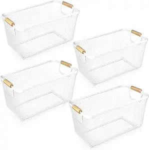 Ziliny 4 Pcs Metal Mesh Wire Baskets with Wooden Handles for Organizing, Pantry Organizers and Storage Steel Bin Kitchen Baskets for Fruit Potato Onion Snacks Bathroom Cabinet(Large,Cream White)