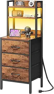 Fixwal 41 Inch Tall Nightstand with Charging Station, Led Night Stand with U-S-B Port & Socket, 3 PU Finished Fabric Storage Drawers, Office, Bedside Table & Bookshelf in One, Rustic Brown