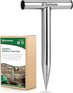 Stainless Steel Hand Dibber with Depth Markings & T-Handle, Rust-Resistant Bulb Planter Tool for Seeds, Seedlings & Bulbs  Ergonomic Design for Garden & Lawn