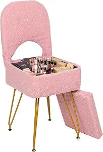 Small Vanity Stool Chair with Storage and Folding Back Faux Fur Soft Ottoman for Makeup 4 Metal Legs with Anti-Slip Feet Furry Seat for Bedroom, Living Room, Pink 12.9" x 14.1" x 29.9"