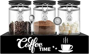 3PCS Glass Coffee Containers with Shelf, 54 oz Coffee Storage Container, Coffee Bean Storage Canisters with Airtight Locking Clamp Lid Spoons for Coffee Beans, Nuts, Sugar