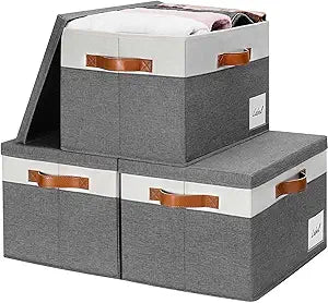 GhvyenntteS Storage Bins with Lids 3 Pack, Large Storage Baskets with Lids and Label, Foldable Fabric Storage Boxes with 3 PU Handles for Organizing Shelves Home Nursery Office (Grey, 15x11x9.6)