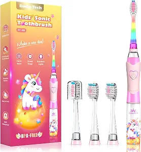 Kids Electric Toothbrush with Timer Toddler Toothbrush Age 2-4-8-12 Electric Toothbrush Kids Rainbow LED Light Up Vibrating Toothbrush Battery Operated Childrens Girls Sonic Tooth Brush (Pink Unicorn)
