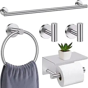 Brushed Nickel Bathroom Hardware Set, 5 Pieces Towel Bar Bathroom Accessories, Upgraded Toilet Paper Holder with Shelf Set, 23.6 Inch Towel Rack Towel Holder for Bathroom Wall