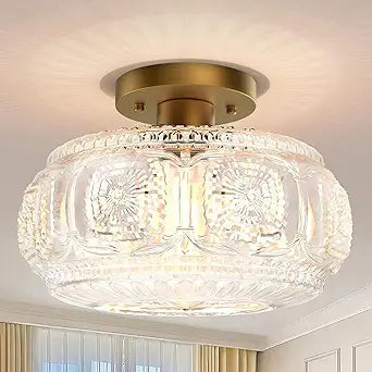 Semi Flush Mount Ceiling Light, Upgraded 12 inch Larger Gold Glass Ceiling Light Fixture, Vintage Lighting for Hallway Kitchen Bedroom Dining Room, Bulb Not Included
