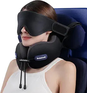 Travel Pillow, Neck Pillow Airplane with 3D Eye Mask & Seat Strap for Long Flight Sleep Road Trip, Dual-Density Supportive Foam, 360Support Head, Neck & Chin Travel Essentials Black & Grey