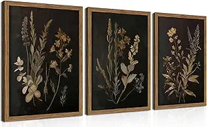 Framed Dark Botanical Wall Art Set of 3, Black Moody Floral Wall Decor Paintings, Dark Academia Decor, Vintage Flower Artwork Prints Pictures for Living Room Bedroom Bathroom 12x16 Inch
