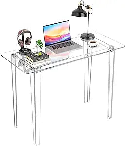 Acrylic Desk - Clear Acrylic Table, Modern Home Office Study Table, Extended Surface Multi-Purpose Console, Sturdy Lightweight Workstation for Small Spaces (Transparent-L)