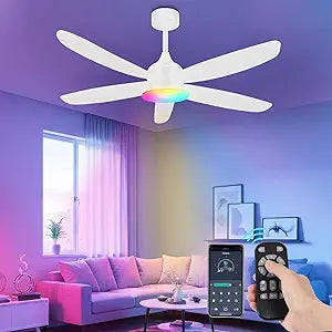 OUTON Ceiling Fan with Light, 42" White RGB Ceiling Fans with 6 Reversible Speeds, 3000-6500K Stepless Dimming, Modern Small Low Profile Ceiling Fan for Bedroom/Indoor/Outdoor
