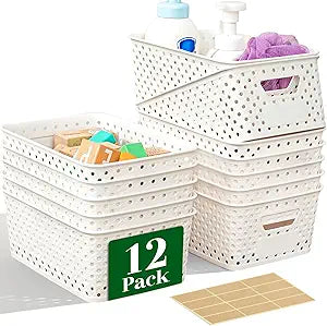 12 Pack Plastic Storage Baskets for Organizing, Storage Baskets for Shelves with Handles, Small Storage Bins with Labels, Classroom Storage Organization for Cabinet,Closet, Office