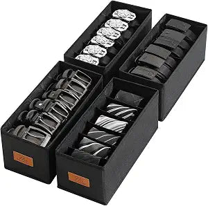 4 PCS Belt Organizer for Closet, 6 Grids Belt Holder, Washable Belt Box, Foldable Tie Organizer for Men, Belt Storage for Drawer (Black, 13.38inch)