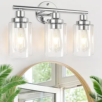 Bathroom Light Fixtures Chrome Vanity Light, Silver 3 Light Modern Wall Sconces Lighting Bathroom Lights with Clear Glass Shades, Bath Wall Lights Wall Lamp for Mirror, Kitchen Living Room Hallway