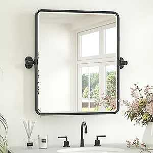 Keonjinn Pivot Mirror Bathroom, 20 x 24 In Beveled Tilt Mirror Bathroom, Matte Black Farmhouse Rectangular Metal Framed Mirrors, Rounded Corner Rectangular Vanity Mirrors for Wall, Horizontal/Vertical