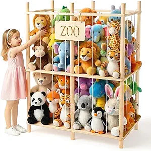 aiwo 30" Extra Wide Large Stuffed Animal Storage Toy Organizer, 38.4" Tall Wooden Display Organizer Holds 70+ Plushies for Kids Room, Playroom, Bedroom, Nursery Decor