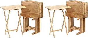 PJ Wood Solid Wood Construction Rectangle Folding Portable TV Snack Serving Tray Table with Compact Storage Rack, Natural (10-Piece Set)
