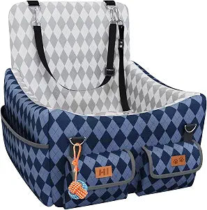 Dog Car Seat for Small/Medium Dogs up to 35lbs, 4-Pocket Storage Memory Foam Dog Booster Seat, Detachable Washable Pet Car Seat with Safety Belt, Outdoor & Indoor Use (Blue/Grey)