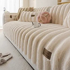 Fuzzy Rabbit Plush Sofa Cover Thick Soft Fur Sectional Couch Cover Furry Fluffy Cushion Cover Non-Slip Sofa Slipcovers Vertical Stripe Furniture Protector for Dogs Cats(Cream,36"x70")