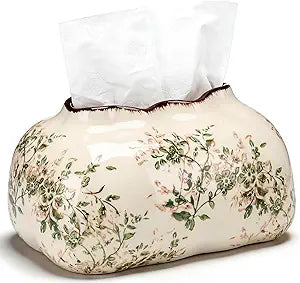 Yalikop Vintage Floral Ceramic Tissue Box Cover Chinoiserie Decorative Tissue Holder Retro Rustic Farmhouse Home Decor for Bathroom Vanity Table Living Room Bedroom Kitchen Office Green and Beige